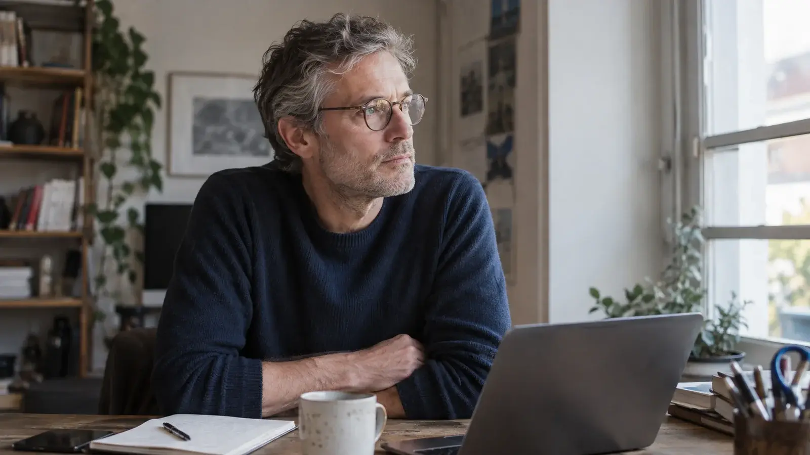 A business leader reflects quietly beside an office window.