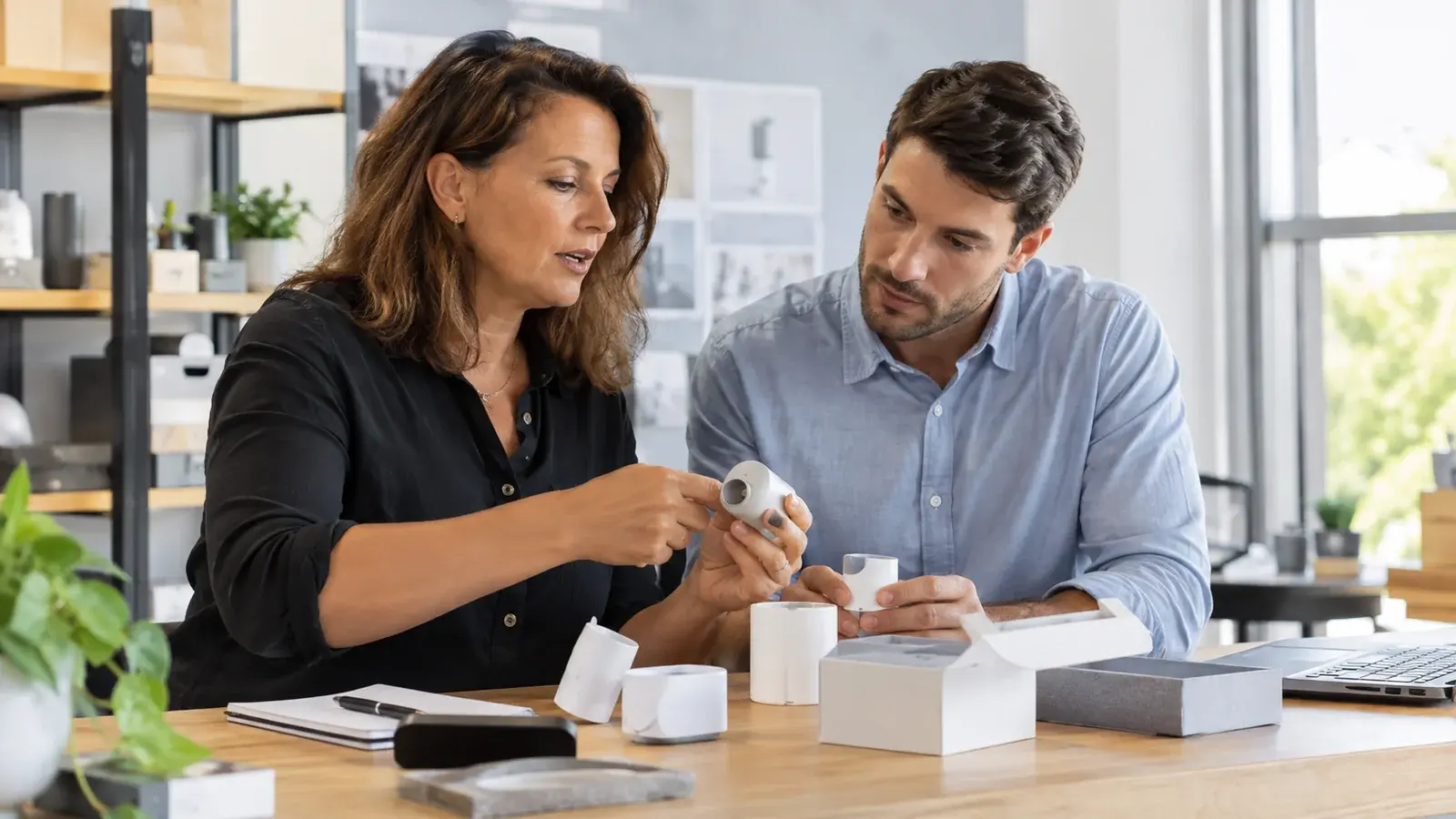 A trainer helps a new sales representative prepare a demonstration.
