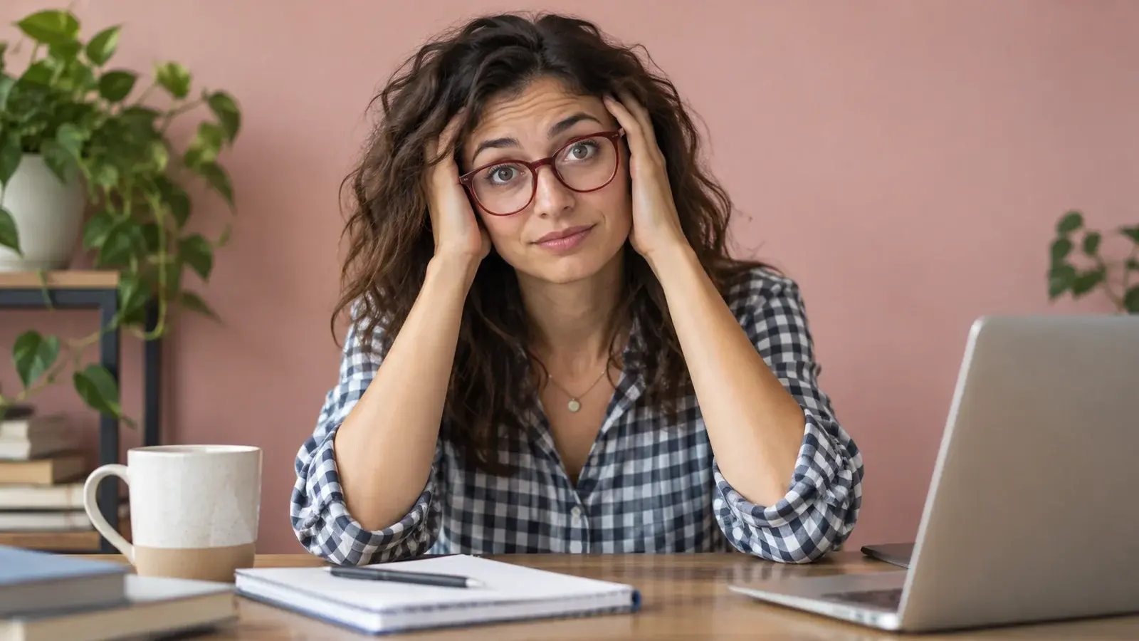 A woman in red glasses pauses with her hands at her temples.