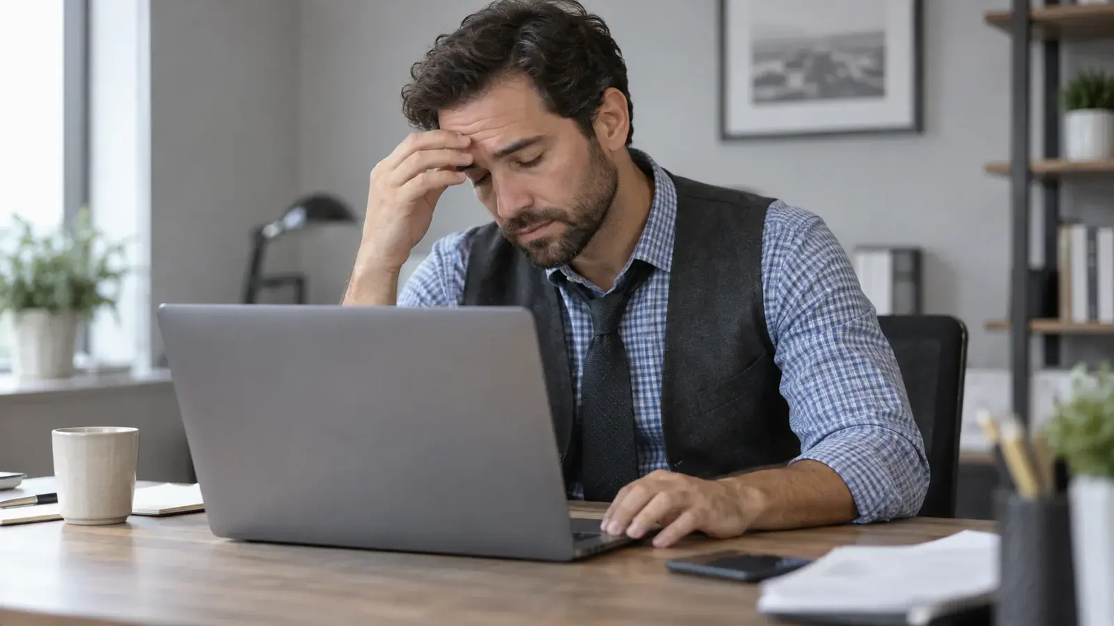 A salesperson pauses behind his laptop with a hand against his forehead.