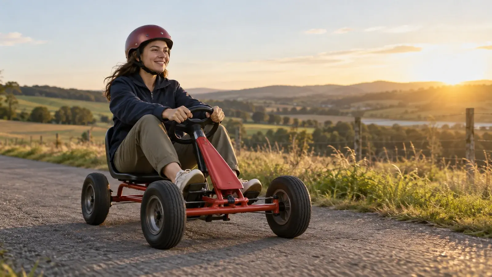 An adult in a safety helmet sits in a red pedal go-kart outdoors.