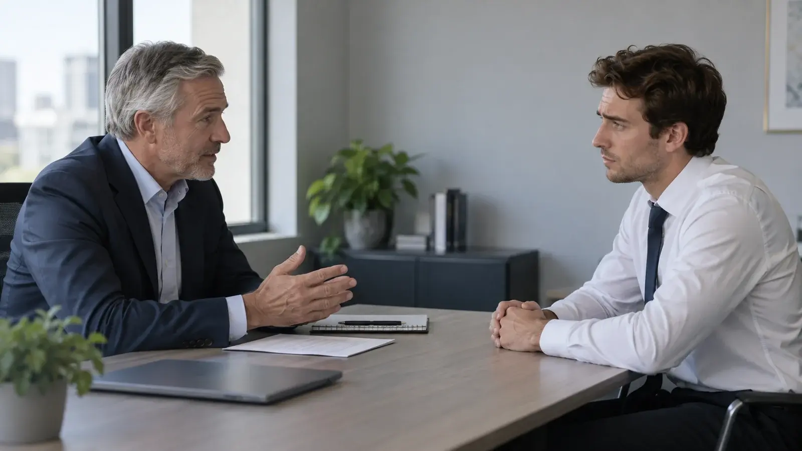 A manager and sales representative have a serious conversation across a desk.