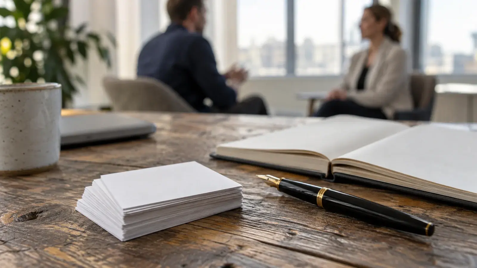 Blank index cards and a pen sit on a wooden table during a conversation.