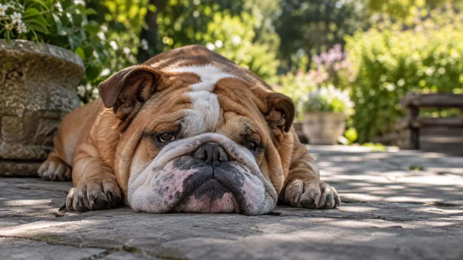 A sleepy bulldog rests its chin on a shaded patio.