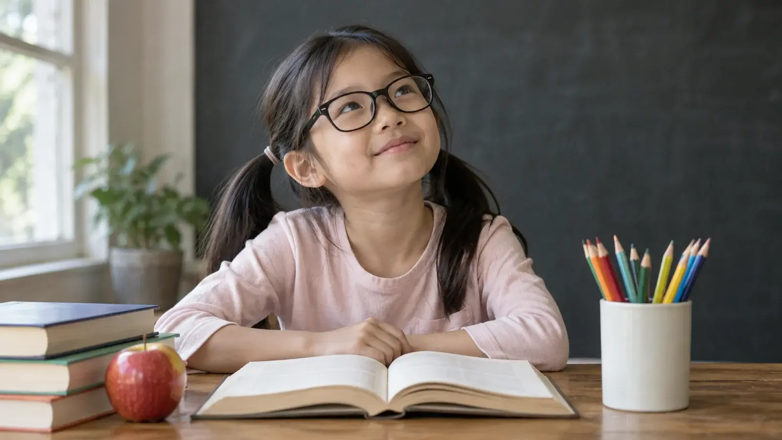 A child with glasses looks up from a book at a classroom desk.