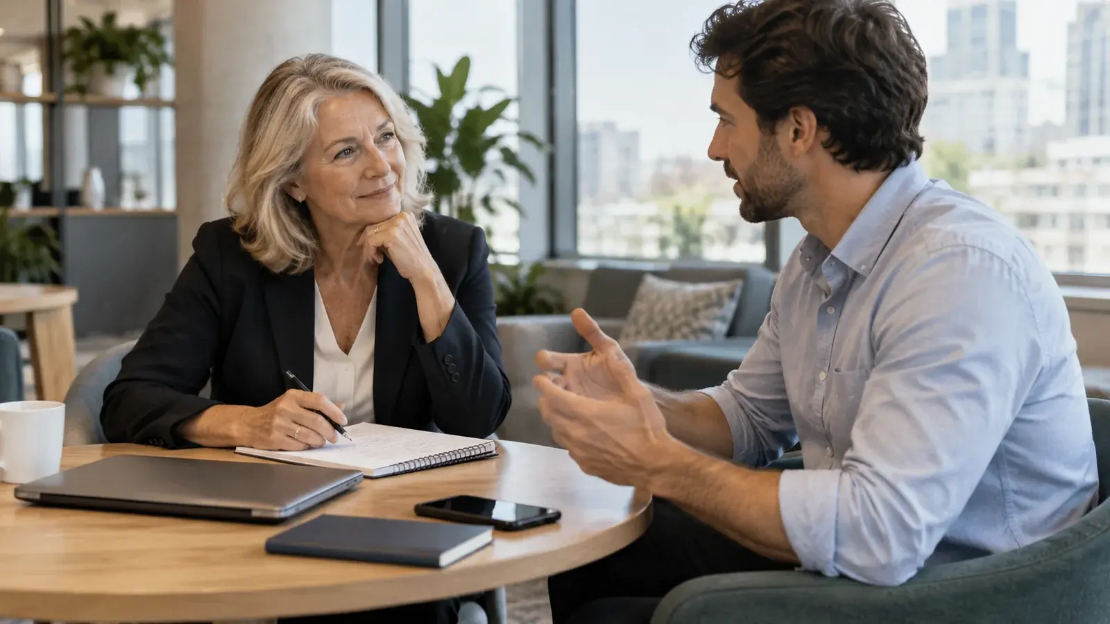 A sales manager listens closely to a colleague in an office lounge.