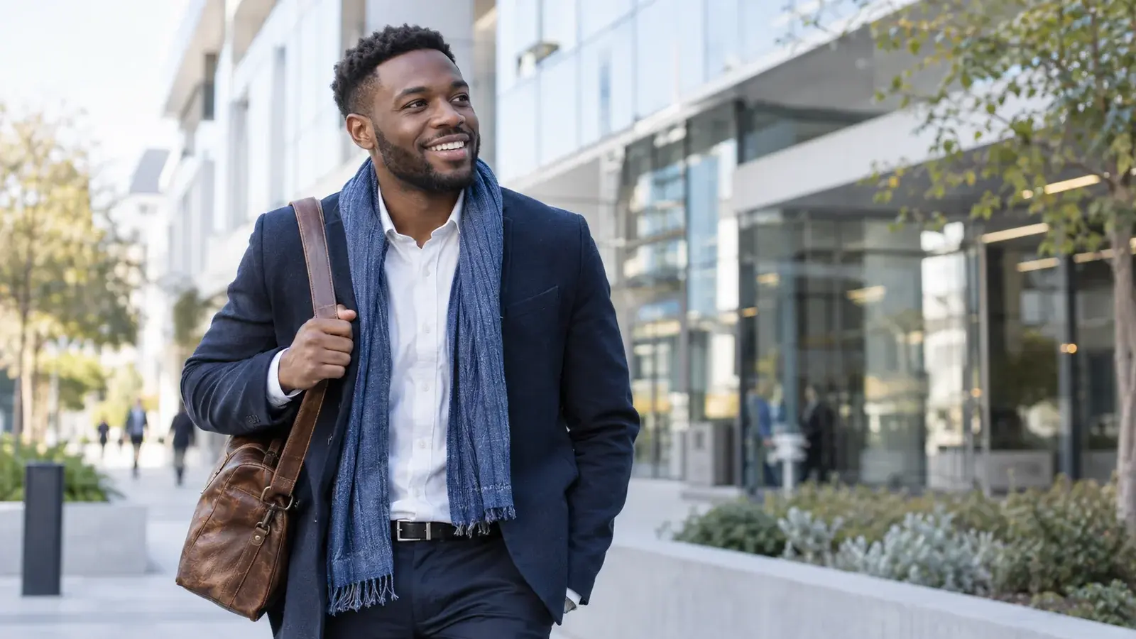 A smiling sales professional carries a leather work bag outside an office.
