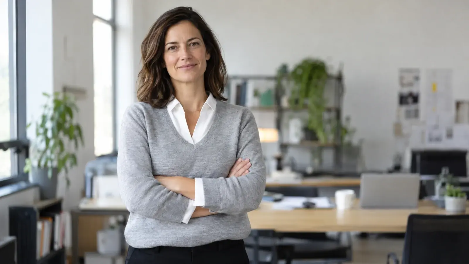 A sales coach stands in a bright office with a welcoming expression.