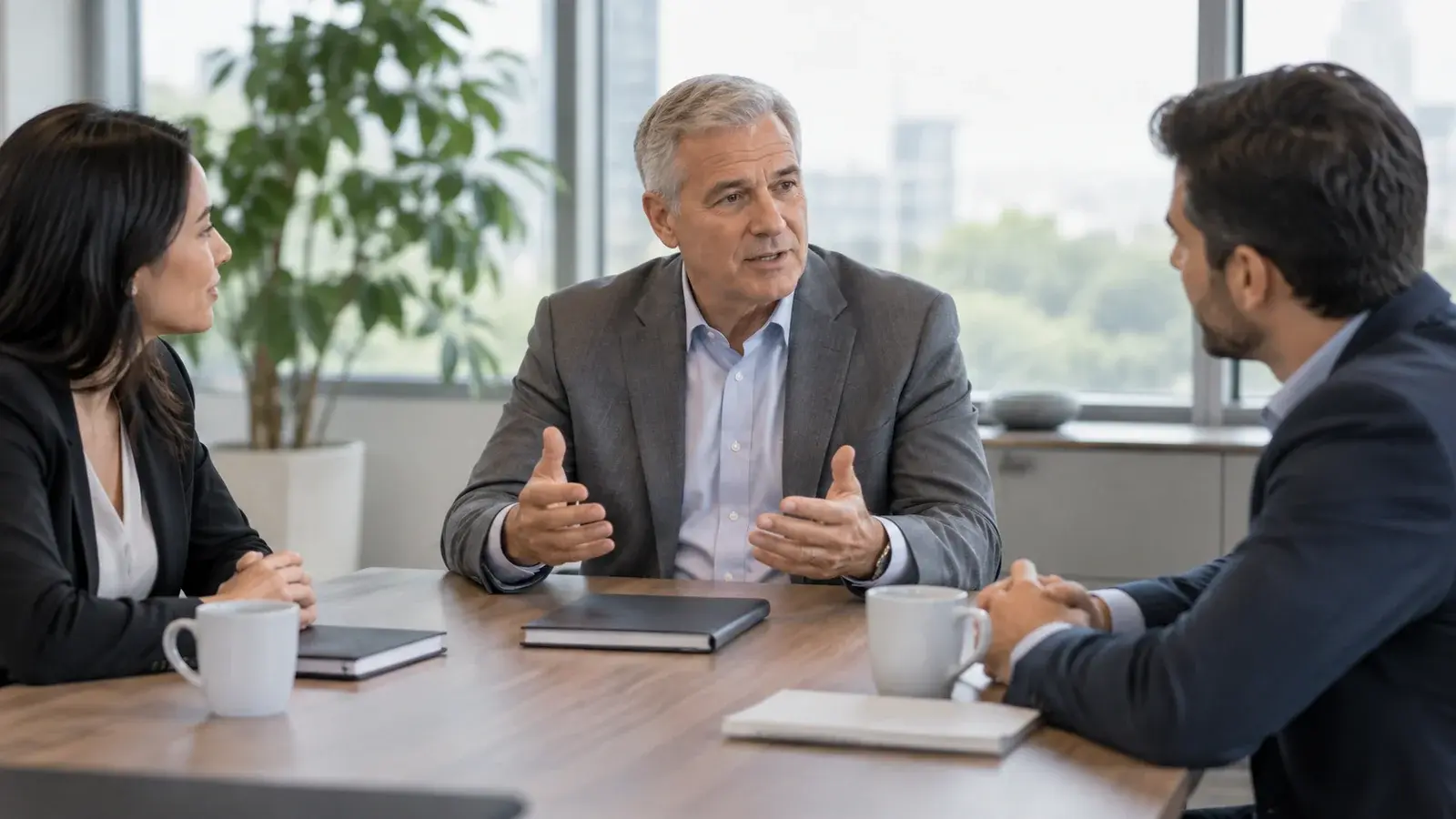 An experienced manager discusses the sales process with two colleagues.