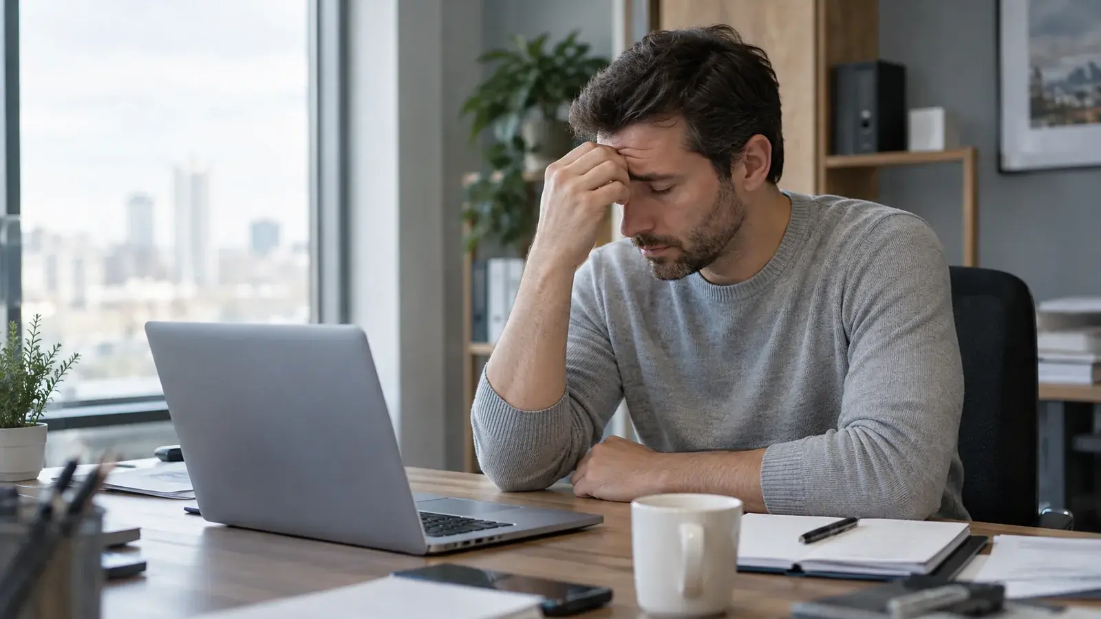 A sales representative pauses at his desk with a hand resting on his brow.