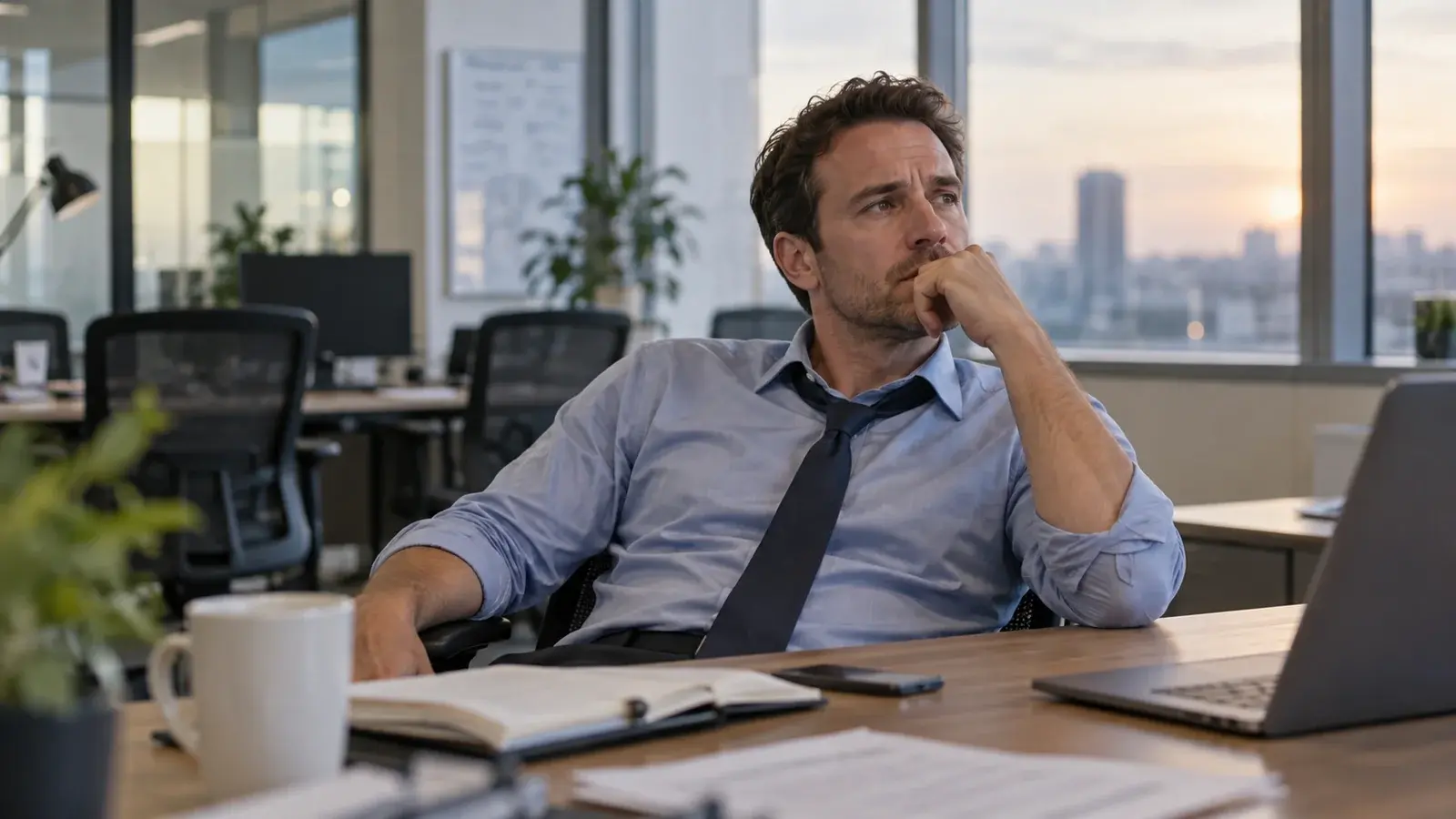 A tired sales representative pauses at his desk in a quiet office.