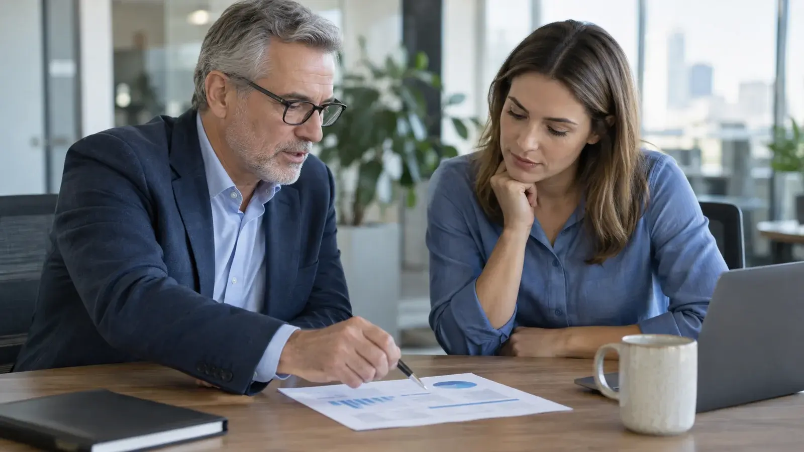A manager and salesperson review performance information together.