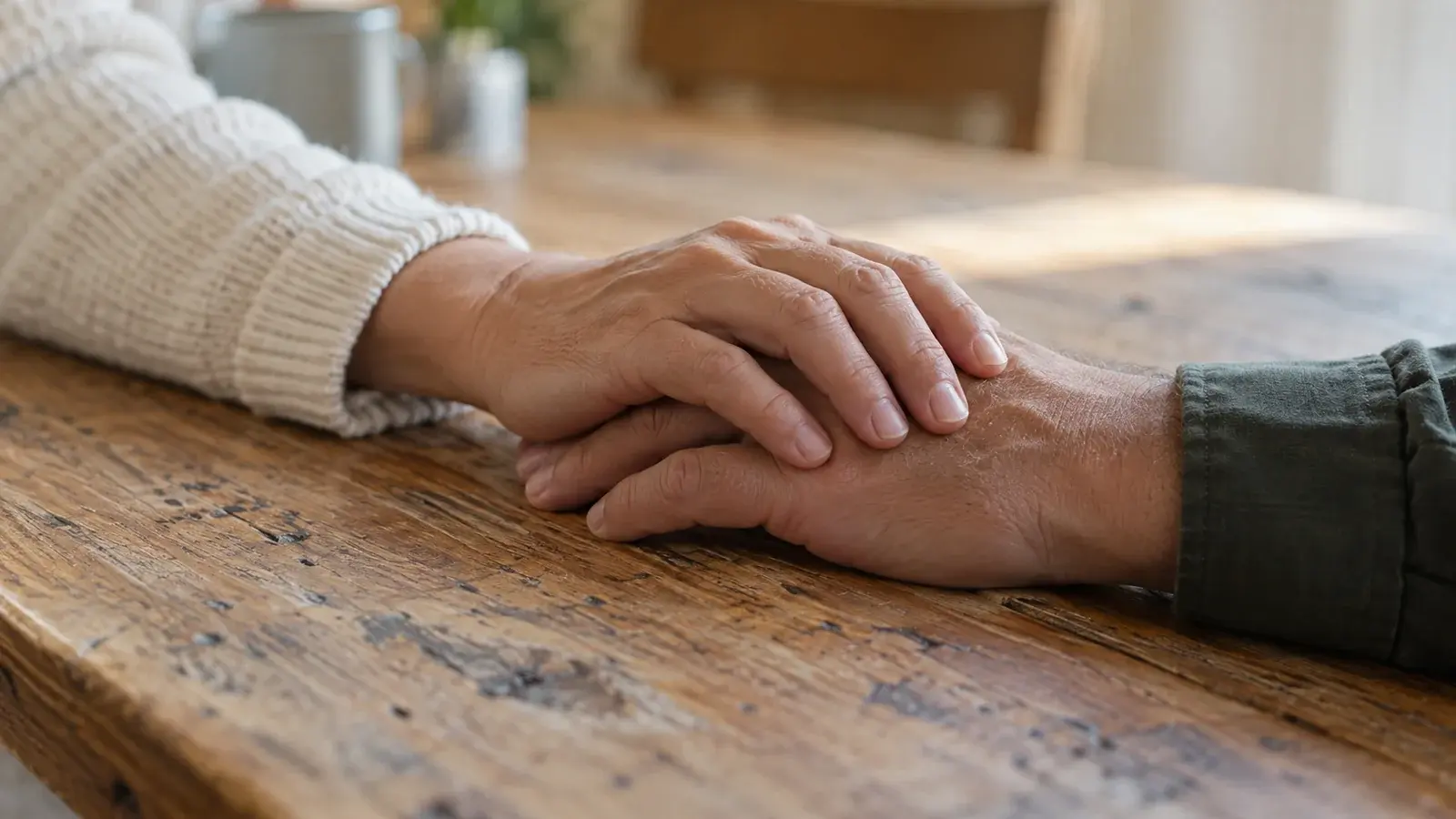 One person rests a hand gently over another's in a gesture of support.