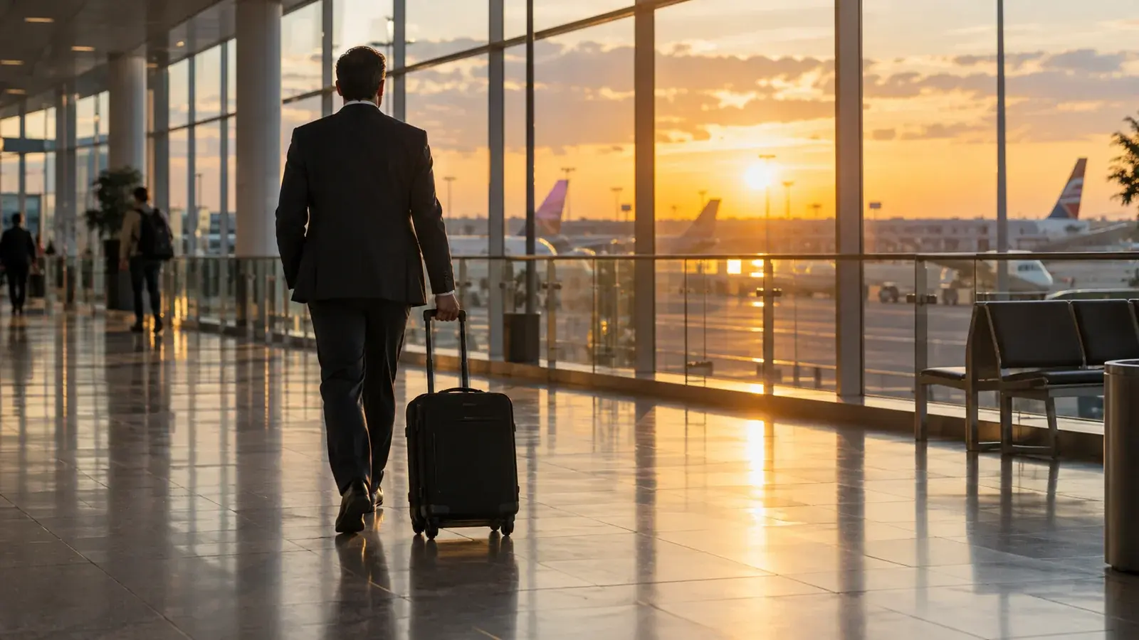 A business traveler walks away through an airport with a rolling suitcase.