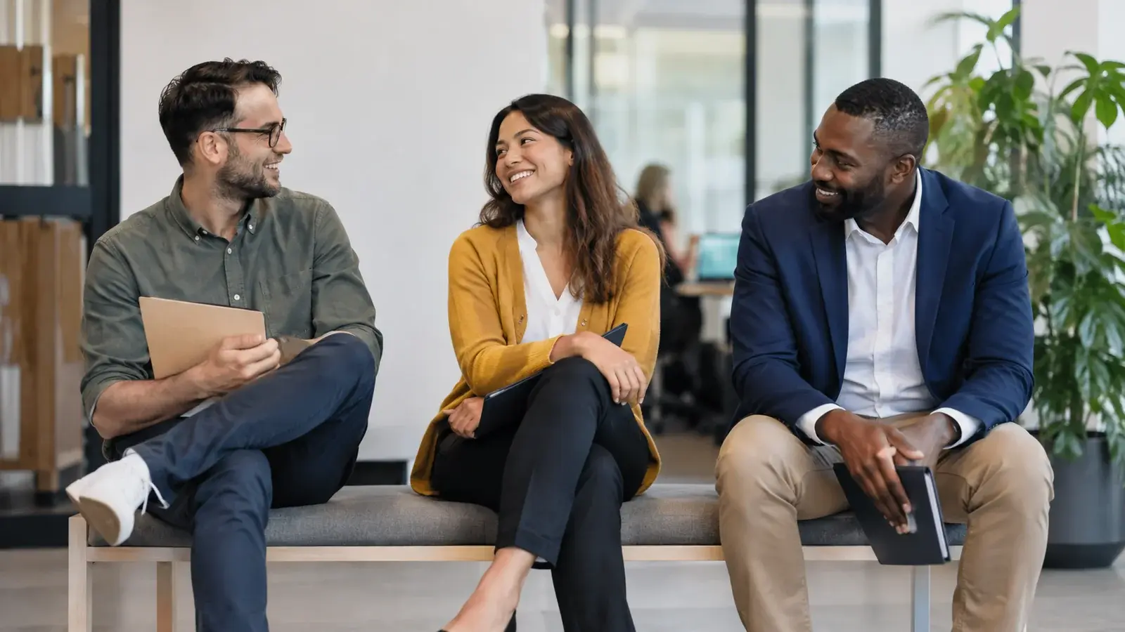 Three job candidates share a relaxed moment in an office reception area.