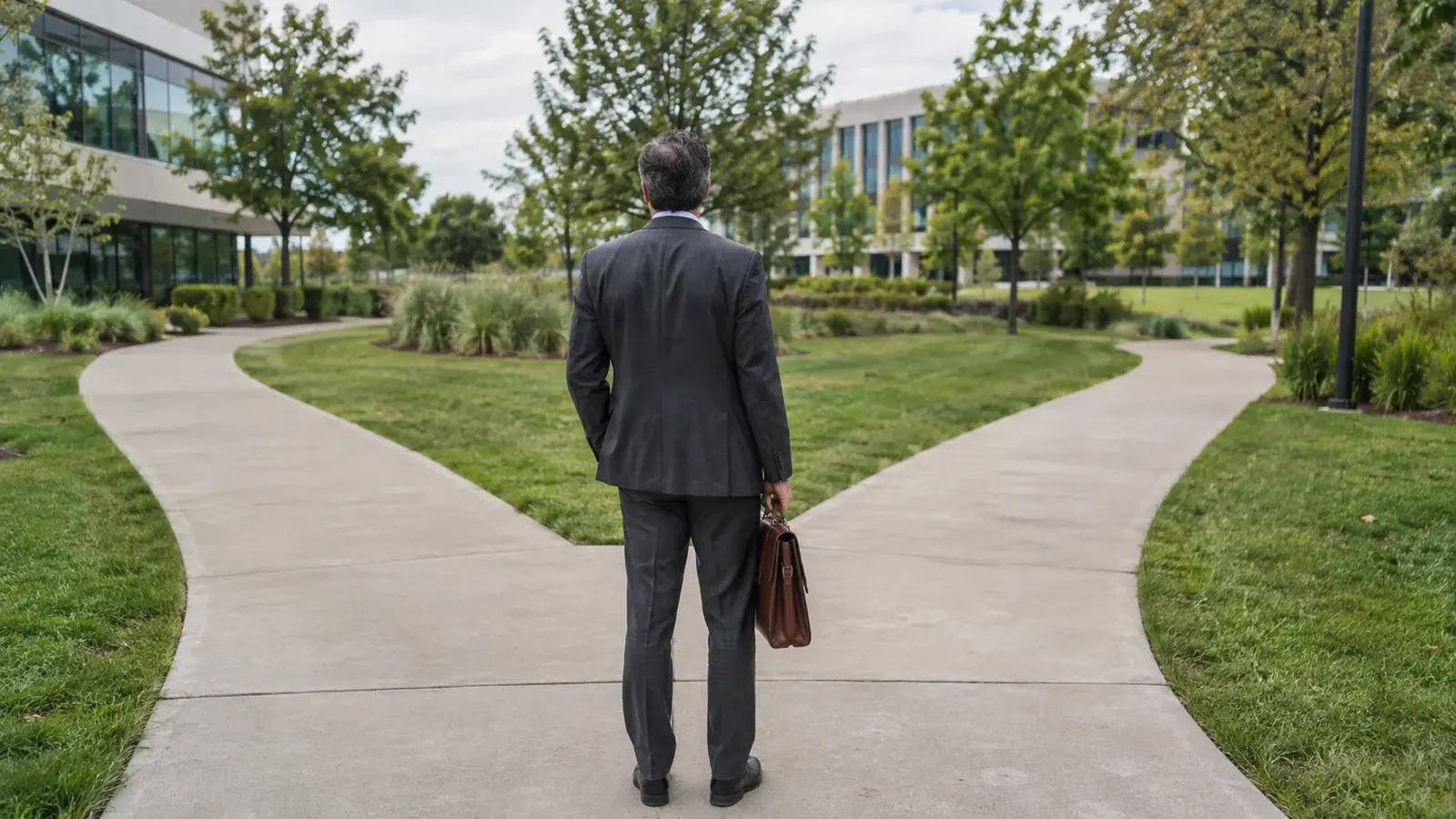 A business traveler pauses where a campus walkway divides.