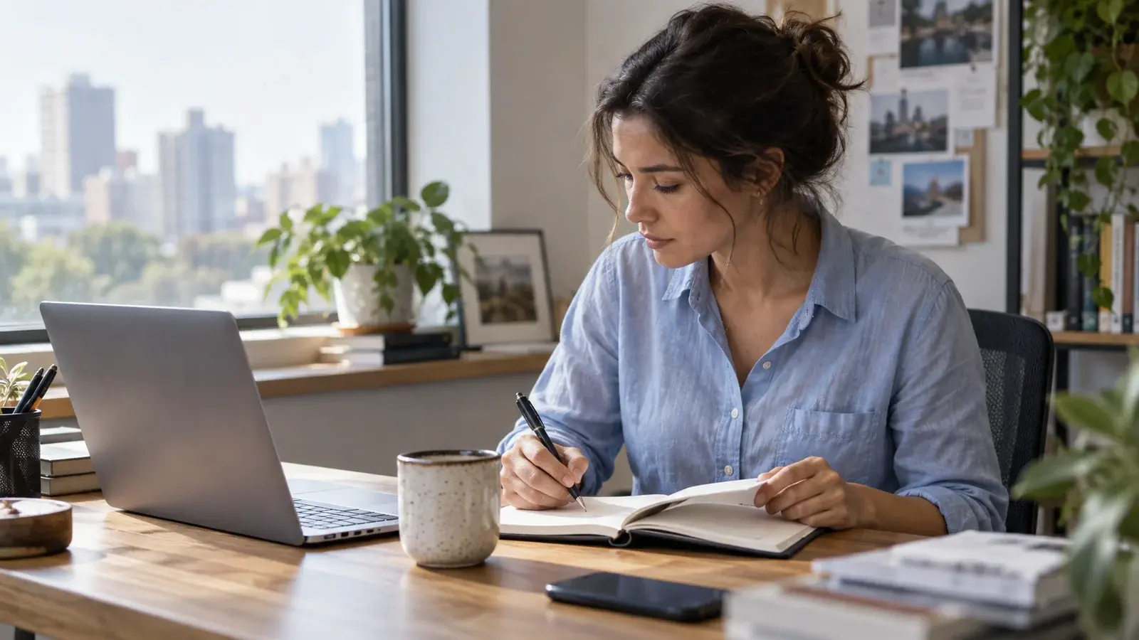 A sales professional plans the workday in a notebook beside a laptop.