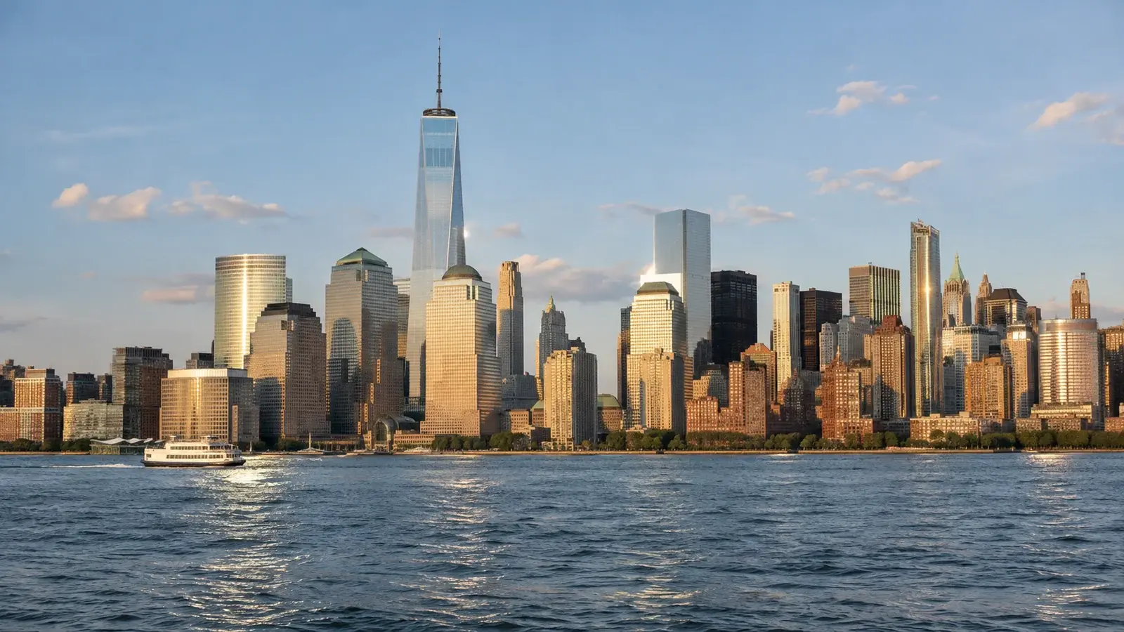The Lower Manhattan skyline rises above the Hudson River in warm evening light.