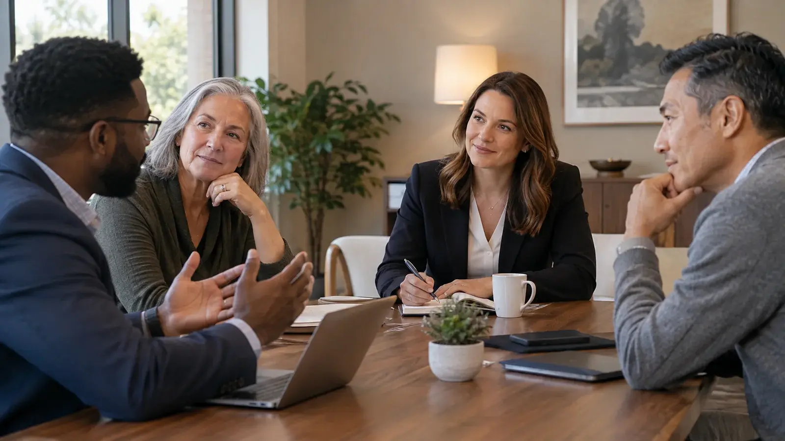 A salesperson listens to three clients during a business discussion.