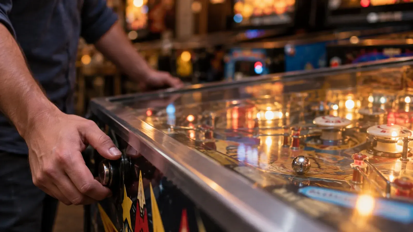 Hands operate a pinball machine in a softly lit arcade.