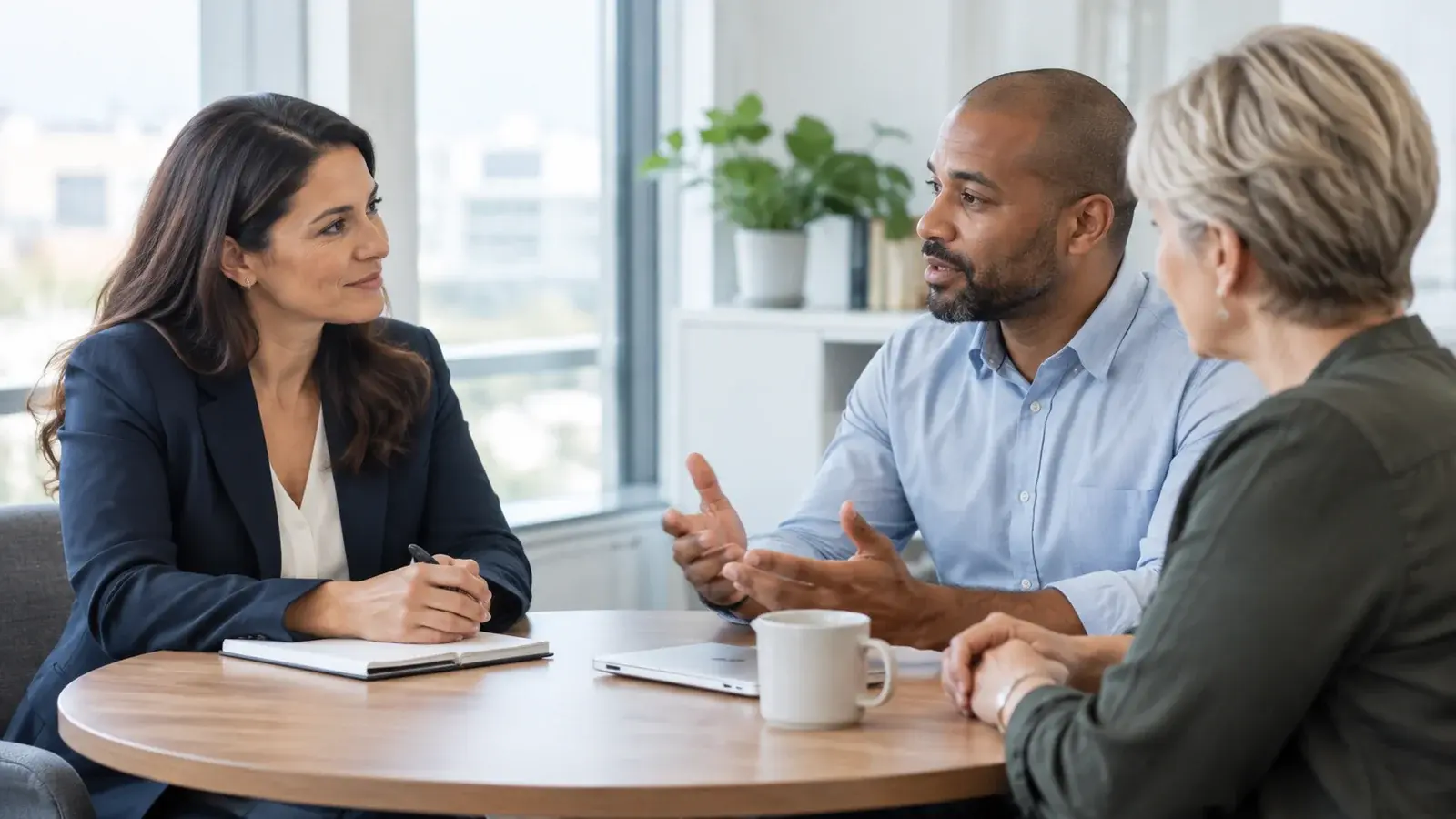 A salesperson listens as two clients discuss a decision together.
