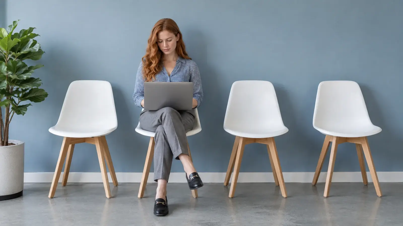 A candidate completes a laptop assessment in an office waiting area.