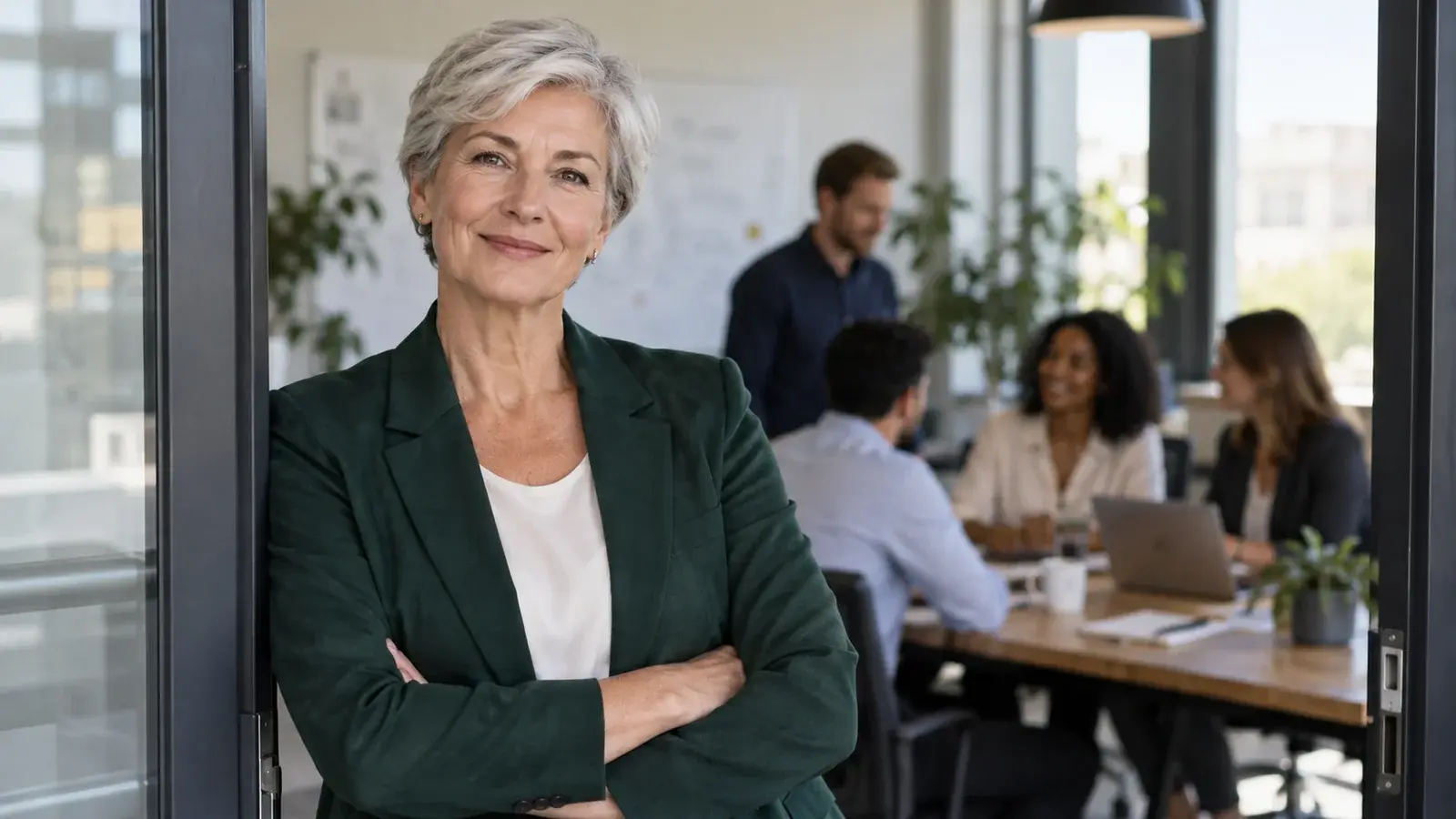 A senior sales manager stands in an office doorway with her team behind her.