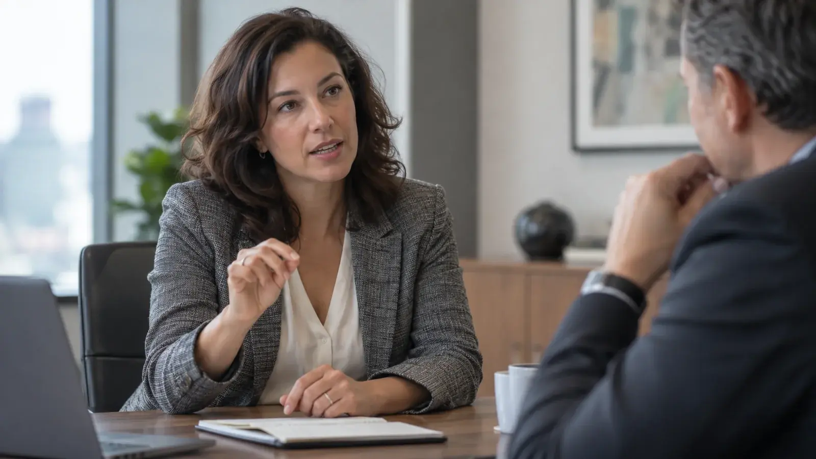 A professional makes a calm, decisive gesture during a discussion.