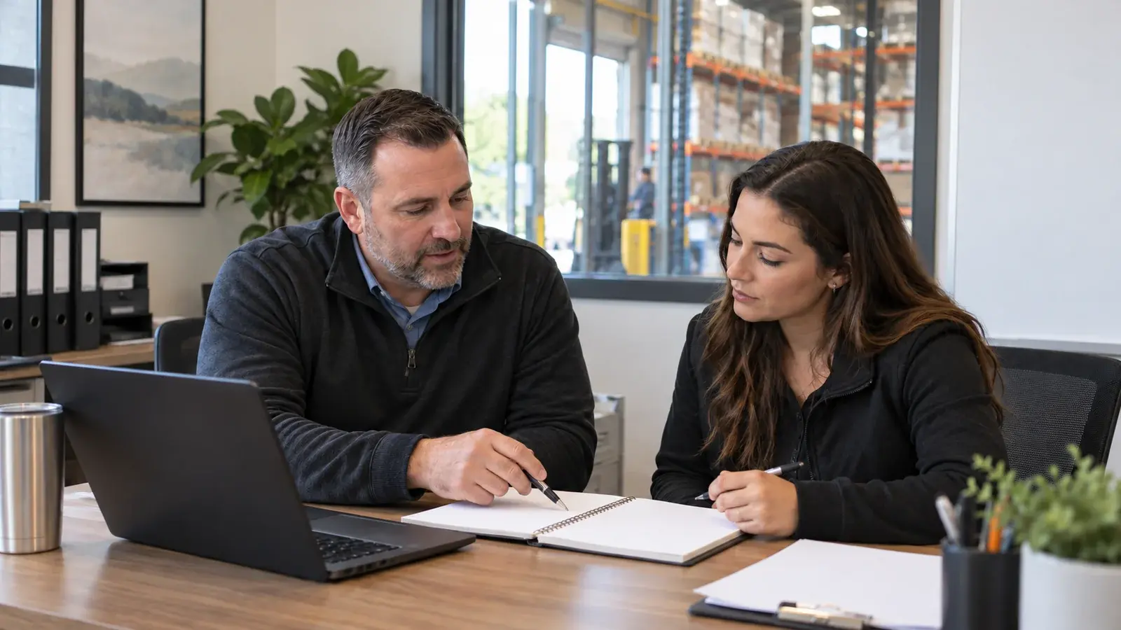 A sales manager and representative agree on next steps at a desk.