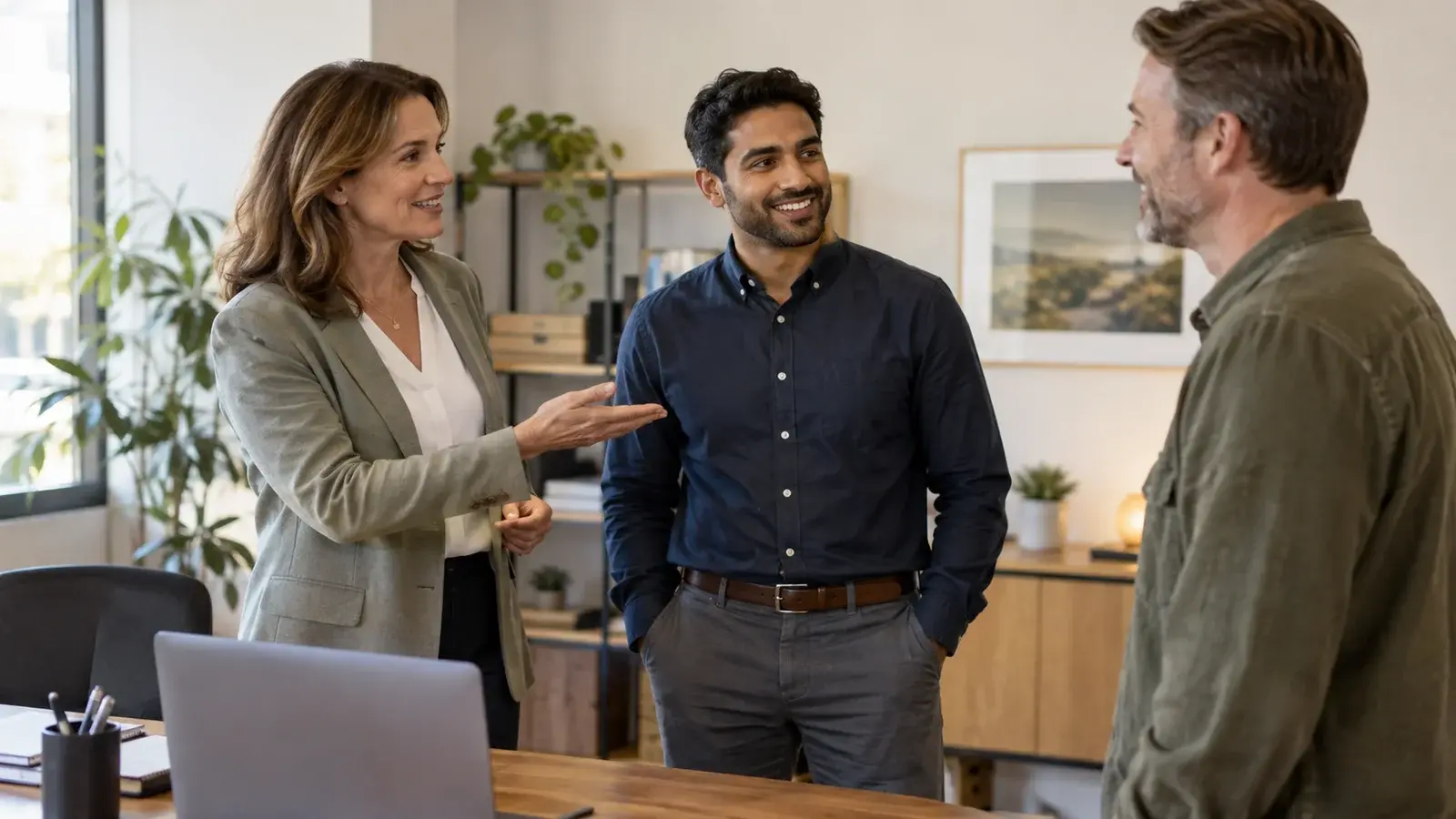 An account manager introduces a colleague to a client.