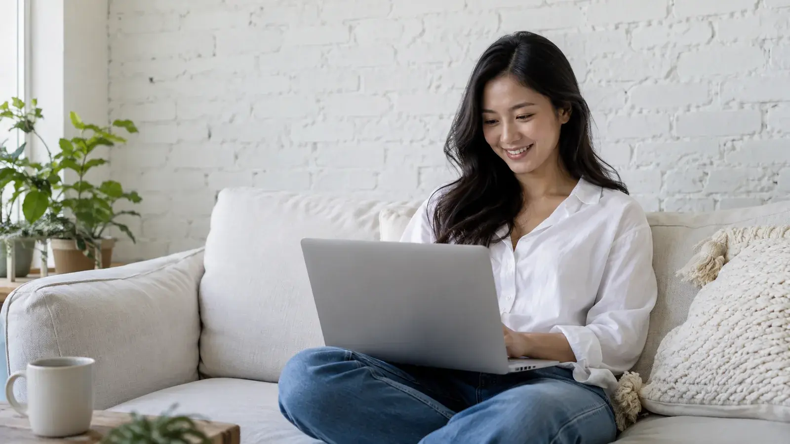 A sales professional smiles while reviewing her laptop at home.