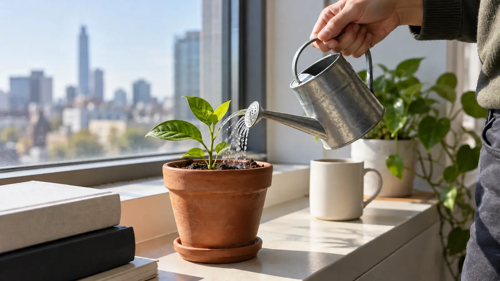 A hand waters a small seedling on a sunny windowsill.