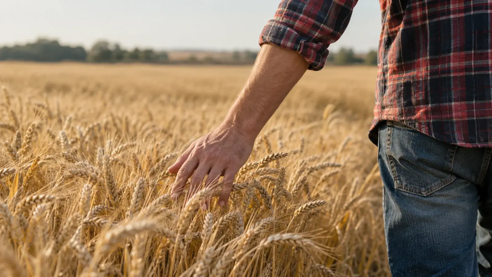 A farmer in a plaid shirt brushes a hand over ripe wheat.