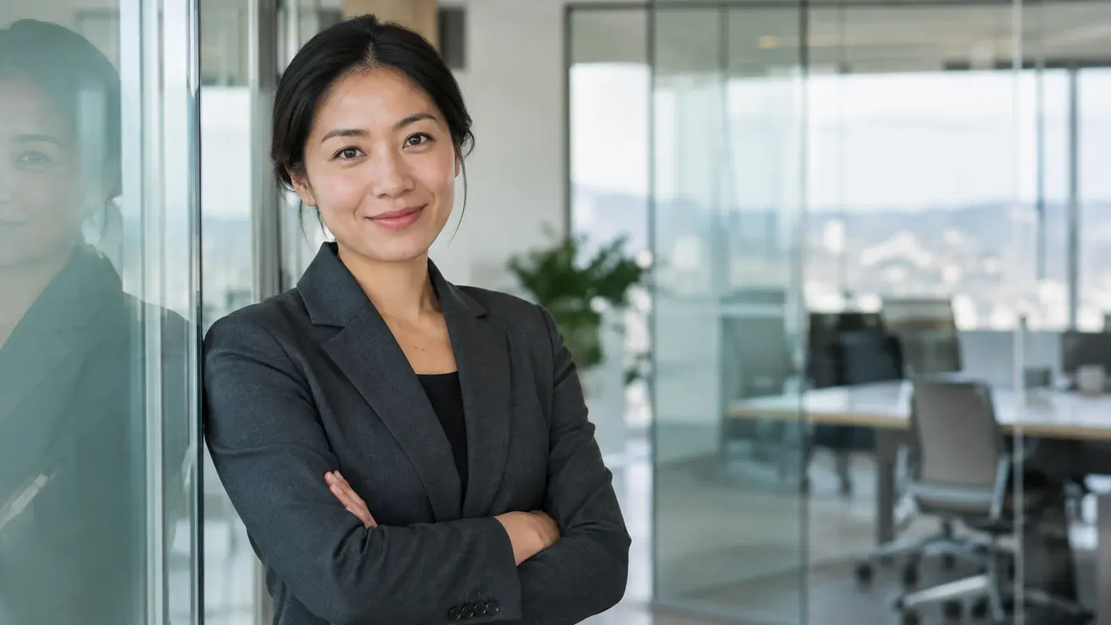 A professional smiles confidently beside a glass office wall.
