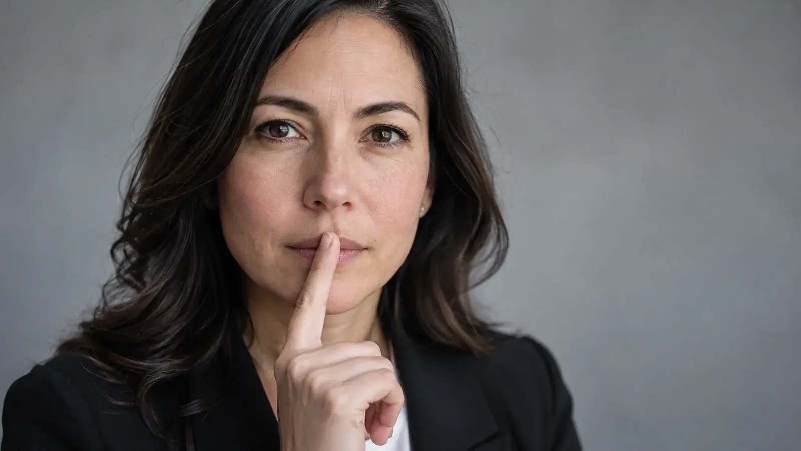 A professional pauses thoughtfully with a finger near closed lips.