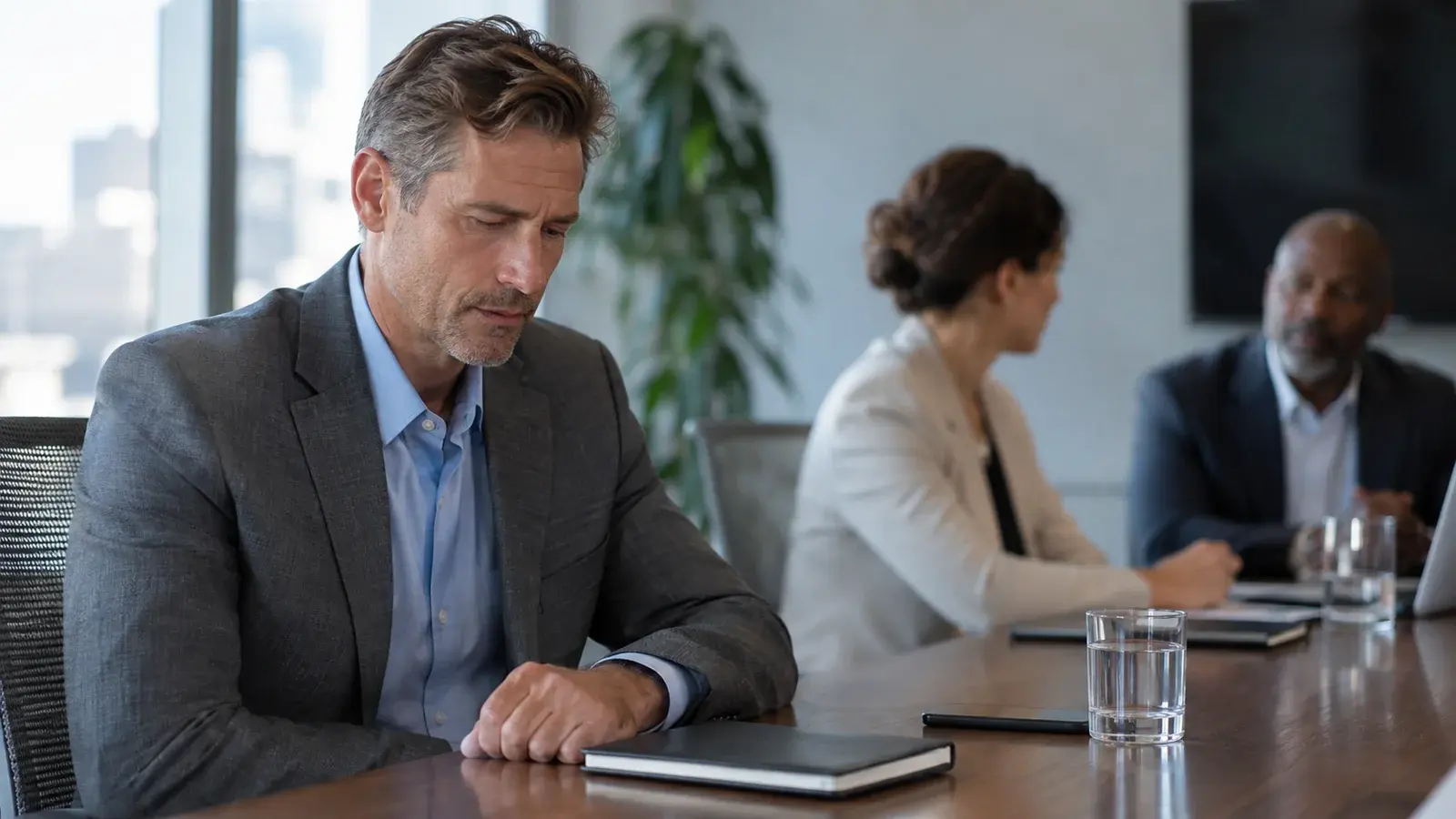 A sales representative reflects during a team meeting.