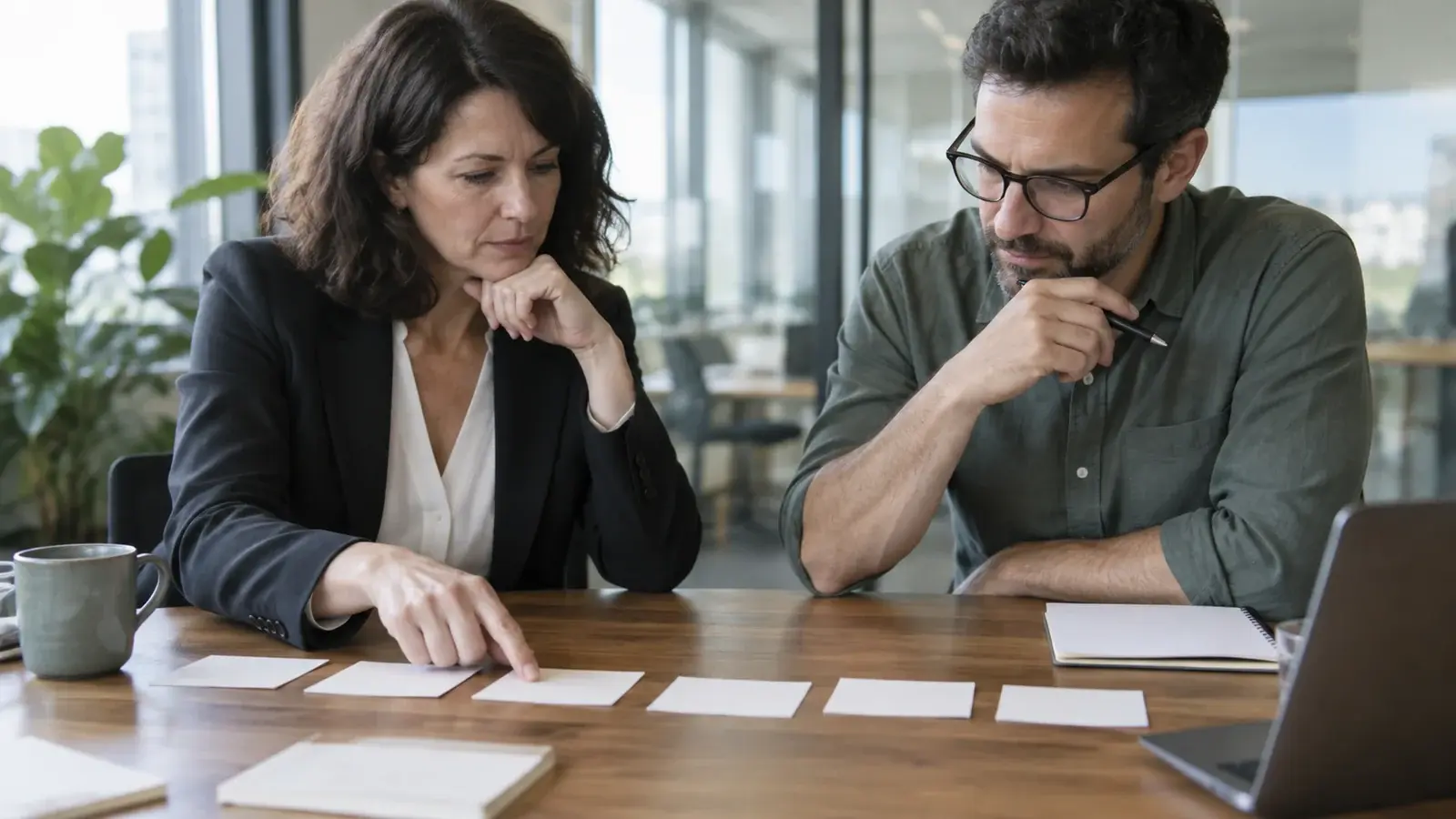 A sales manager and technical colleague review a workflow together.