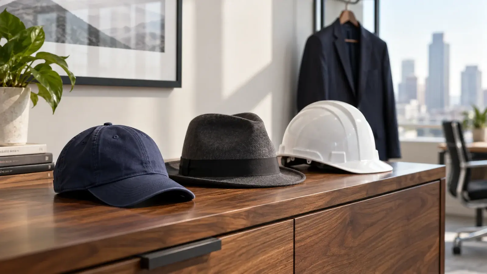 A baseball cap, fedora, and hard hat rest on an office console.