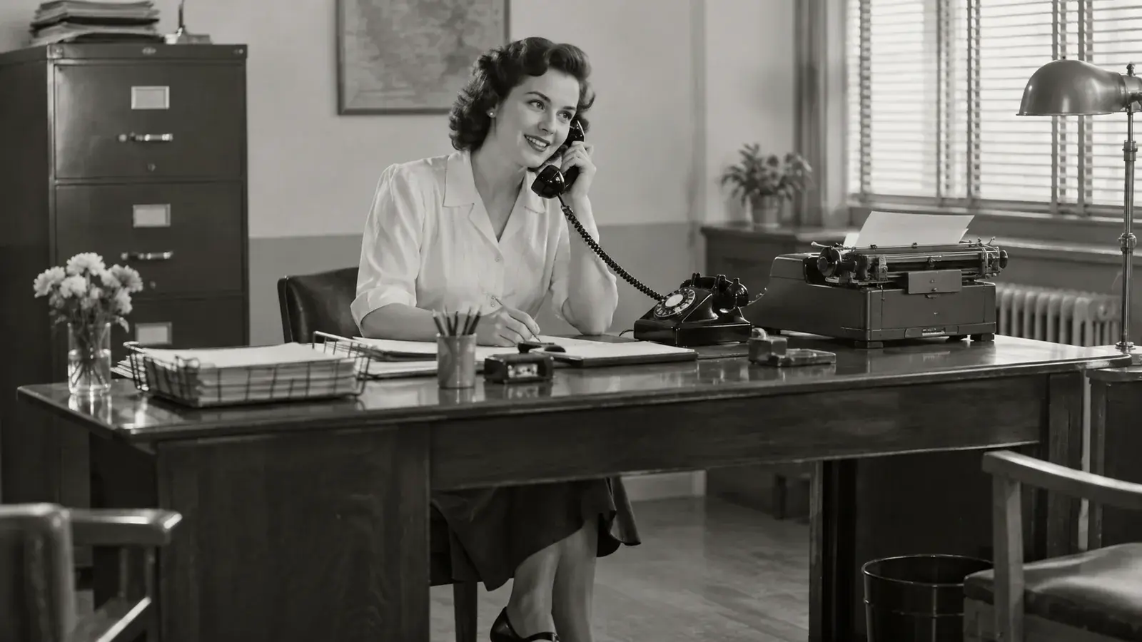 An office worker talks on a rotary telephone beside a typewriter.