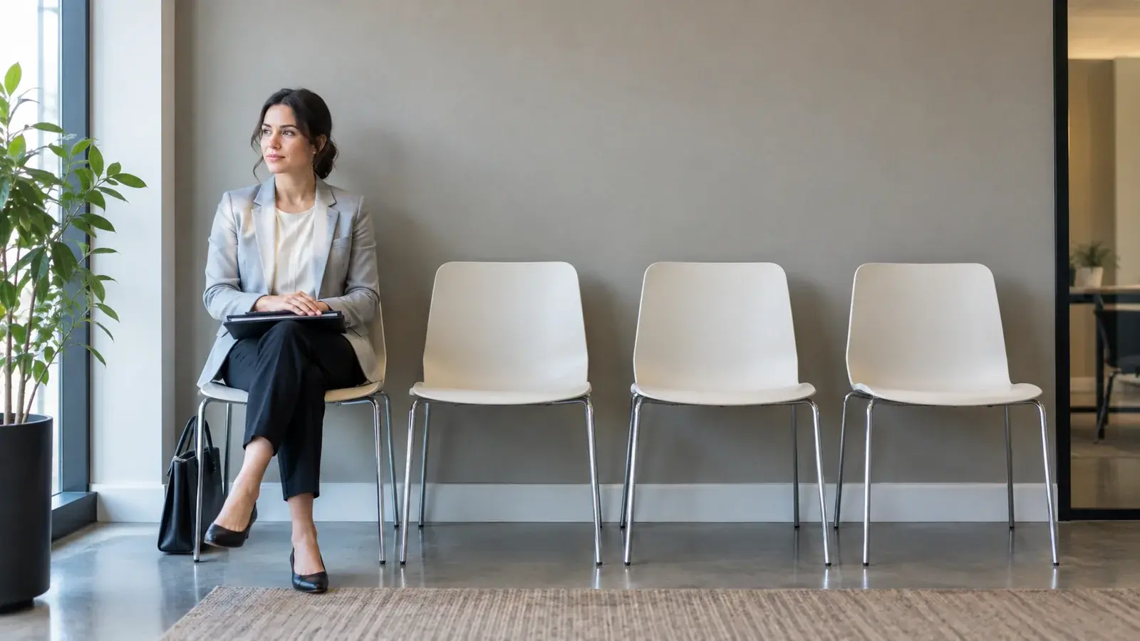 A sales candidate waits with a portfolio beside a row of empty chairs.