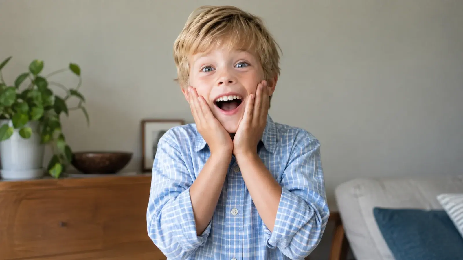 A child reacts with surprise, resting his hands against his cheeks.