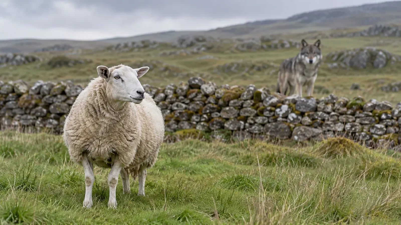 A sheep stands in a pasture while a wolf is visible beyond a stone wall.