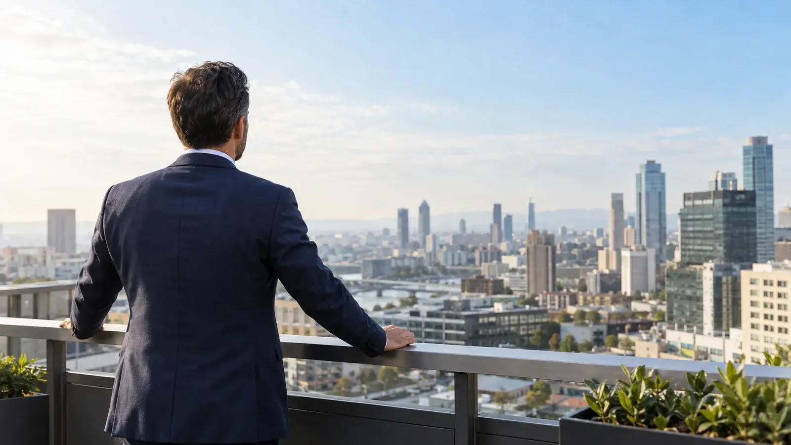 A sales leader looks over a city skyline from an office terrace.