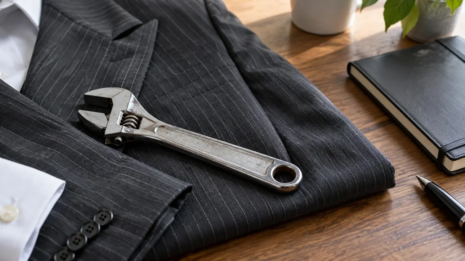An adjustable wrench rests on a folded pinstripe jacket beside a notebook.