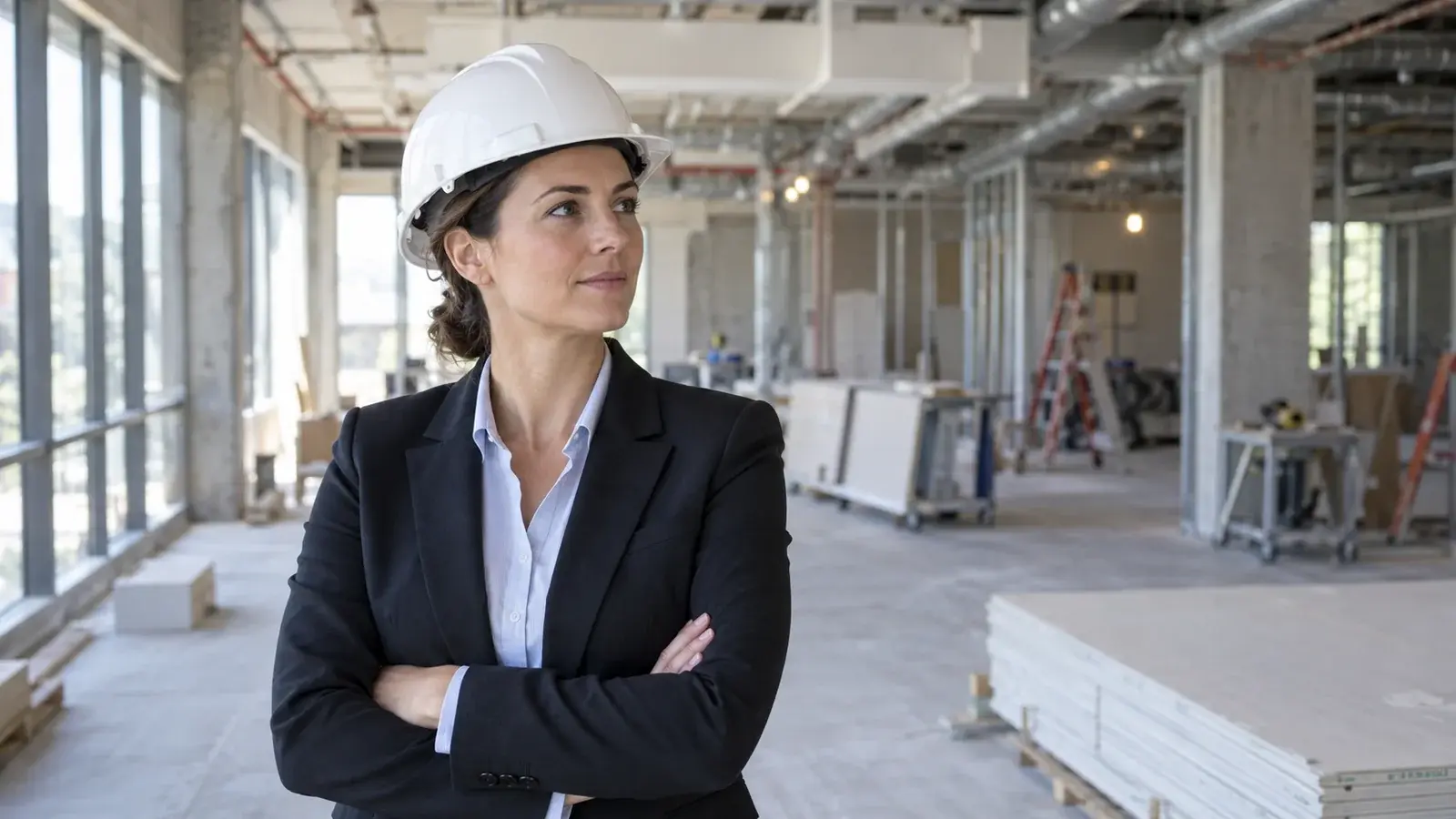A project leader in a white hard hat stands inside an office renovation.