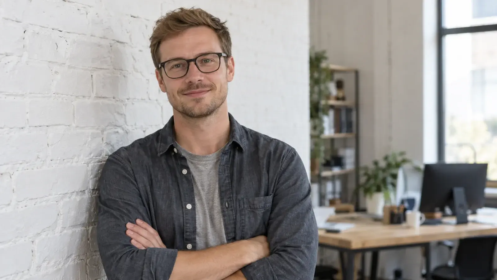 A start-up sales manager stands against a white brick office wall.