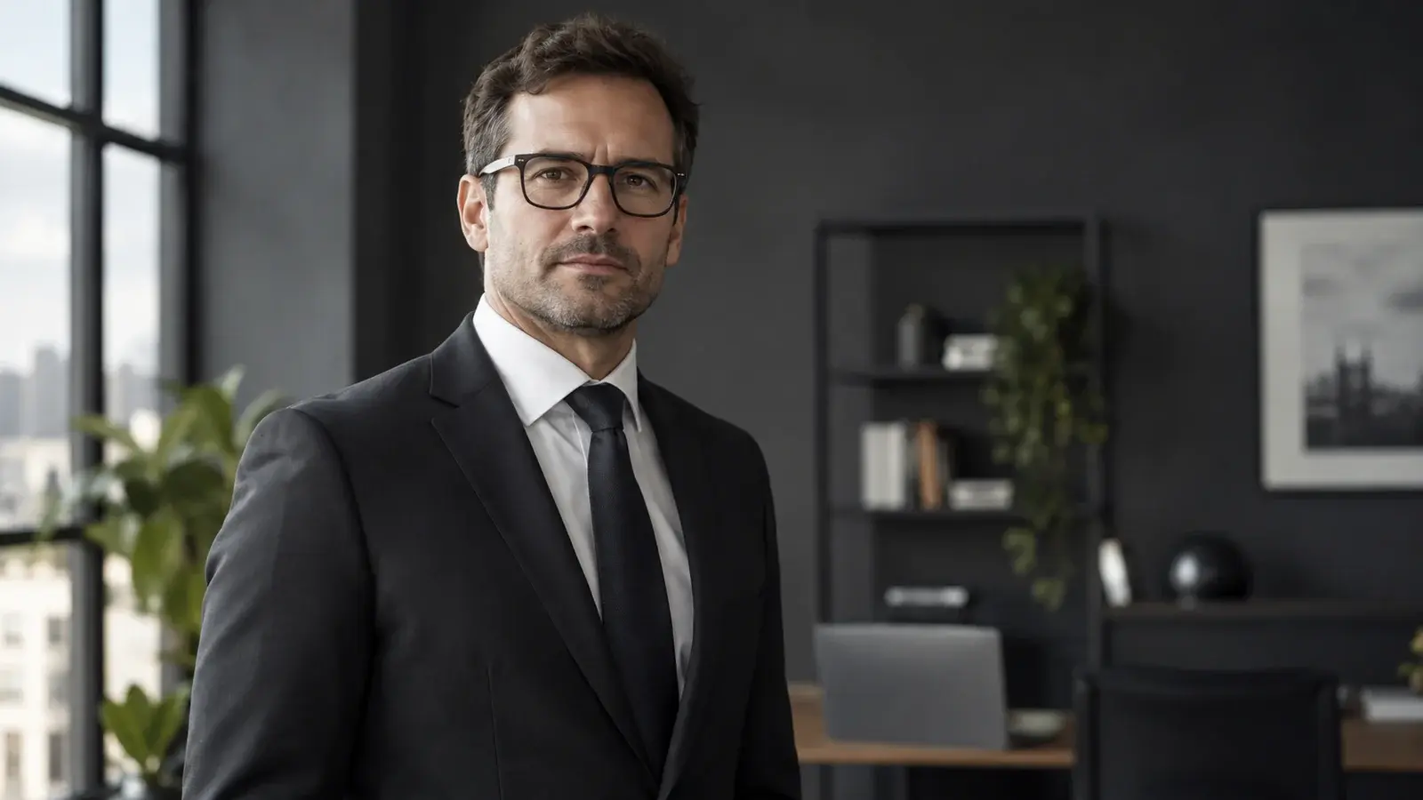 A sales manager in a dark suit and glasses looks focused in an office.