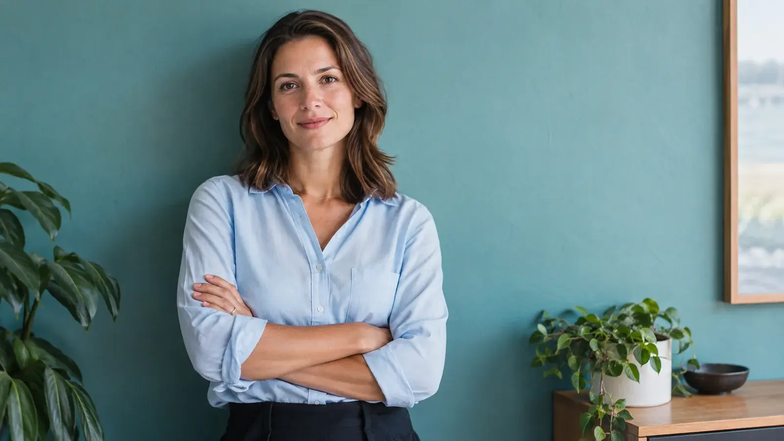 A sales candidate in a blue blouse stands against a teal wall.