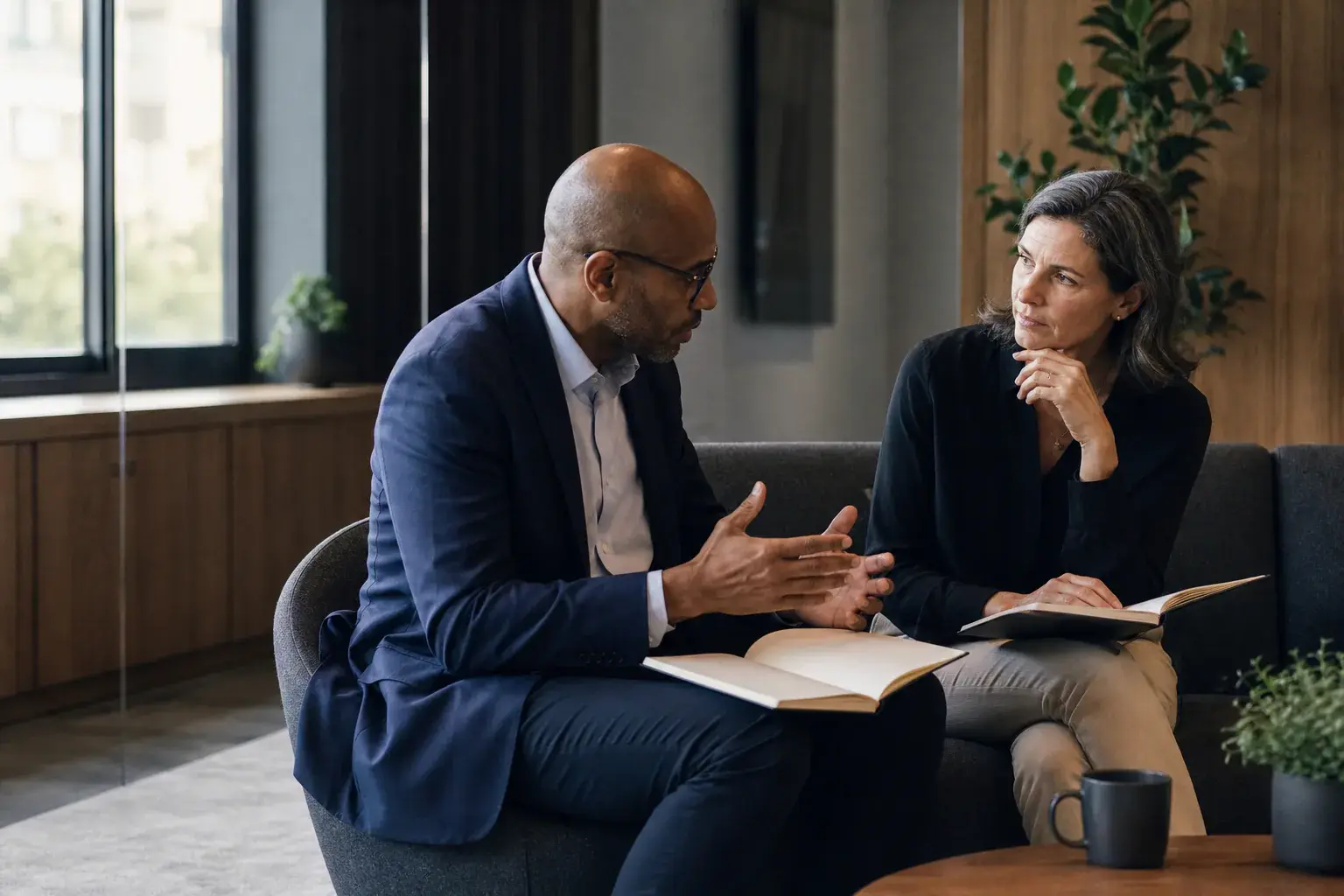Sales manager discussing a difficult team situation with an experienced coach