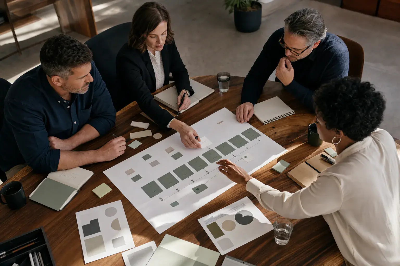 Leadership team mapping a customized sales process around a table